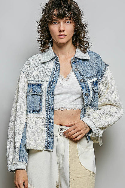 Pol Clothing - Cable Knit Lace Patchwork Woven Long Sleeve Shirt Top