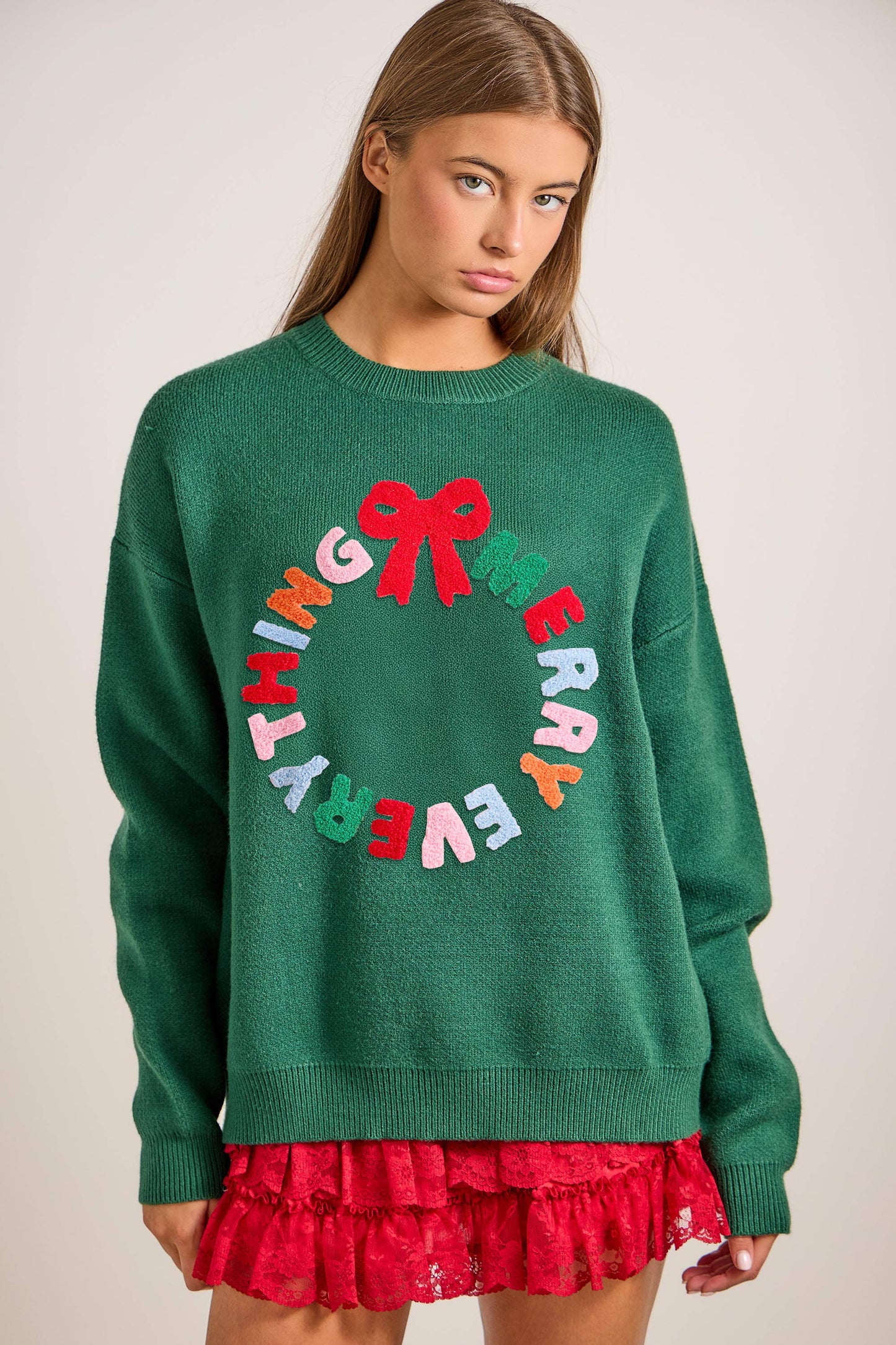 Merry Everything Knit Sweater with Wreath & Bow – Holiday