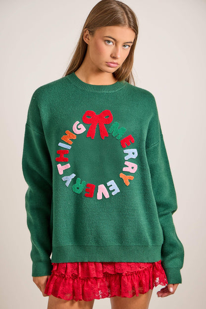 Merry Everything Knit Sweater with Wreath & Bow – Holiday