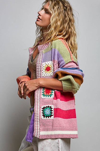 Pol Clothing - Handmade Patchwork Striped Chenille Sweater Open Cardigan