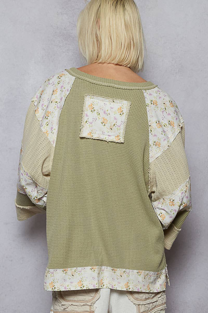Pol Clothing - Round neck printed peace patch overlock stitch knit top