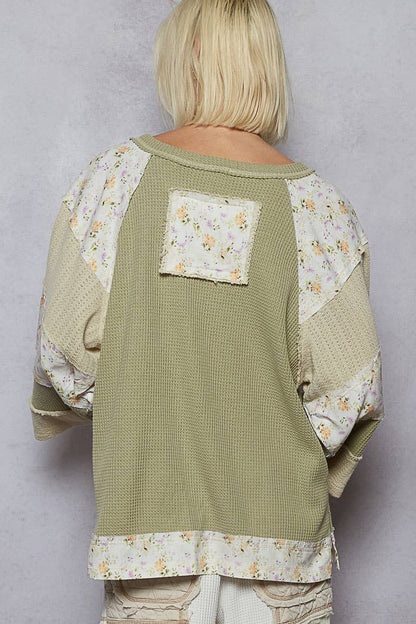 Pol Clothing - Round neck printed peace patch overlock stitch knit top