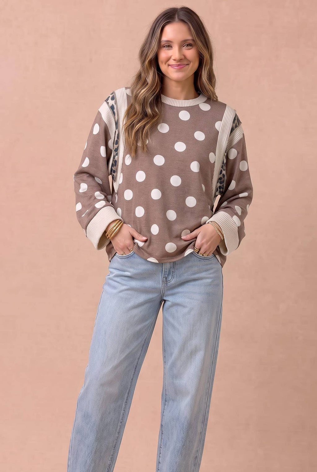 Haptics - Polka Dot Mixed Media Knit Top