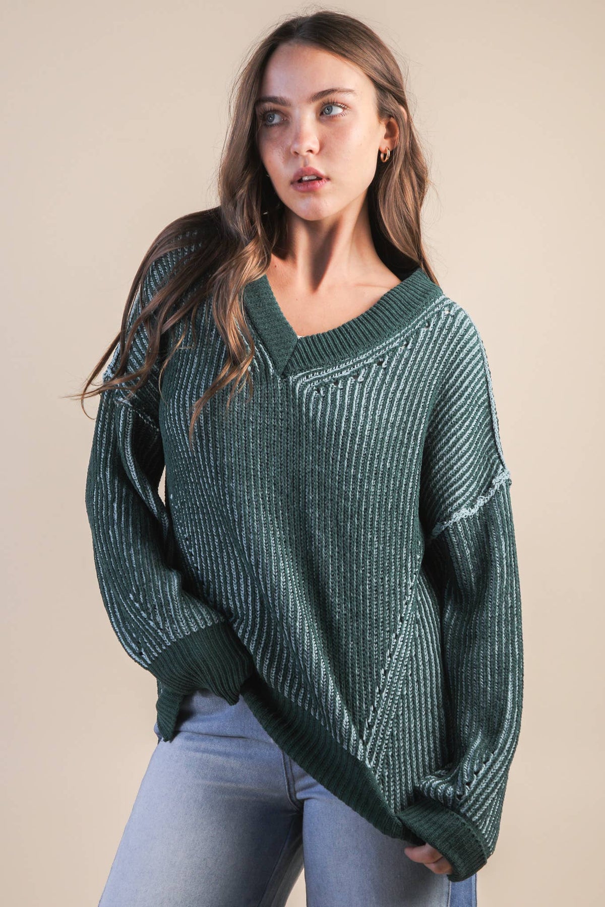 Oversized Two Tone Knit Casual Sweater Top