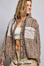 Pol Clothing - Plaid Woven Thermal Patch Floral Patchwork Hoodie Top