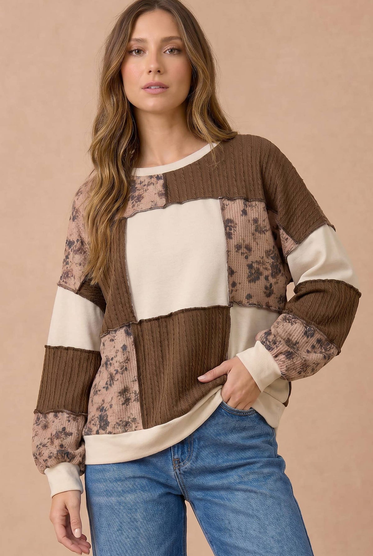 Haptics - Floral and Cable Knit Patchwork Top