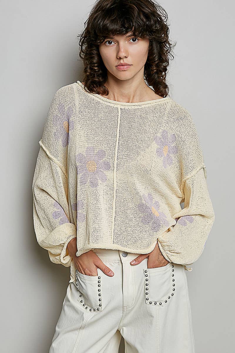 Pol Clothing - Round Neck Balloon Sleeve Floral Print Thin Sweater