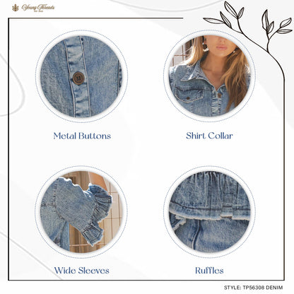 Distressed Denim Crop Jacket with Ruffled Hem