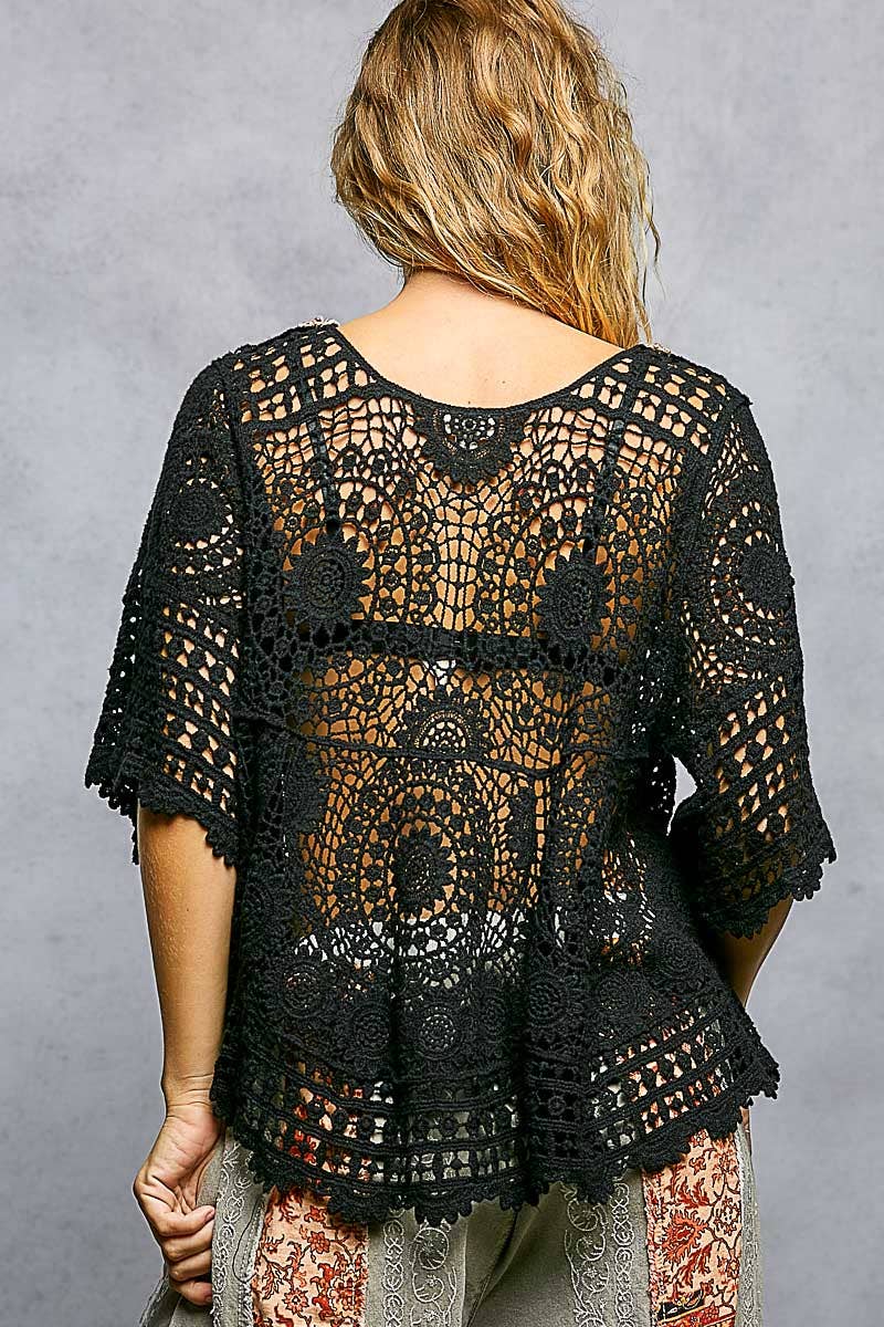 Pol Clothing - 3/4 Sleeve V-neck Crochet Varied Pattern Flared Top