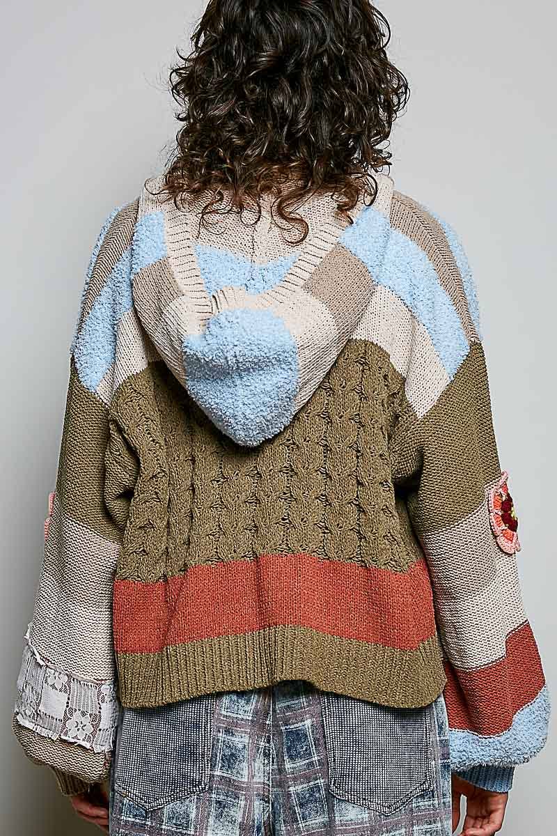 Pol Clothing - Mixed-Texture Patchwork Chenille Knit Crochet Cardigan