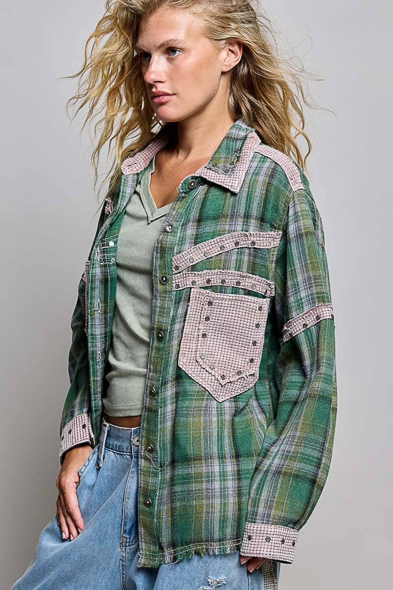 Pol Clothing - Plaid Mixed-Fabric Thermal Patch Studded Raw Edge Shirt