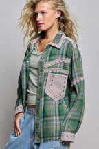 Pol Clothing - Plaid Mixed-Fabric Thermal Patch Studded Raw Edge Shirt