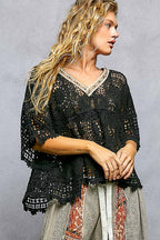 Pol Clothing - 3/4 Sleeve V-neck Crochet Varied Pattern Flared Top