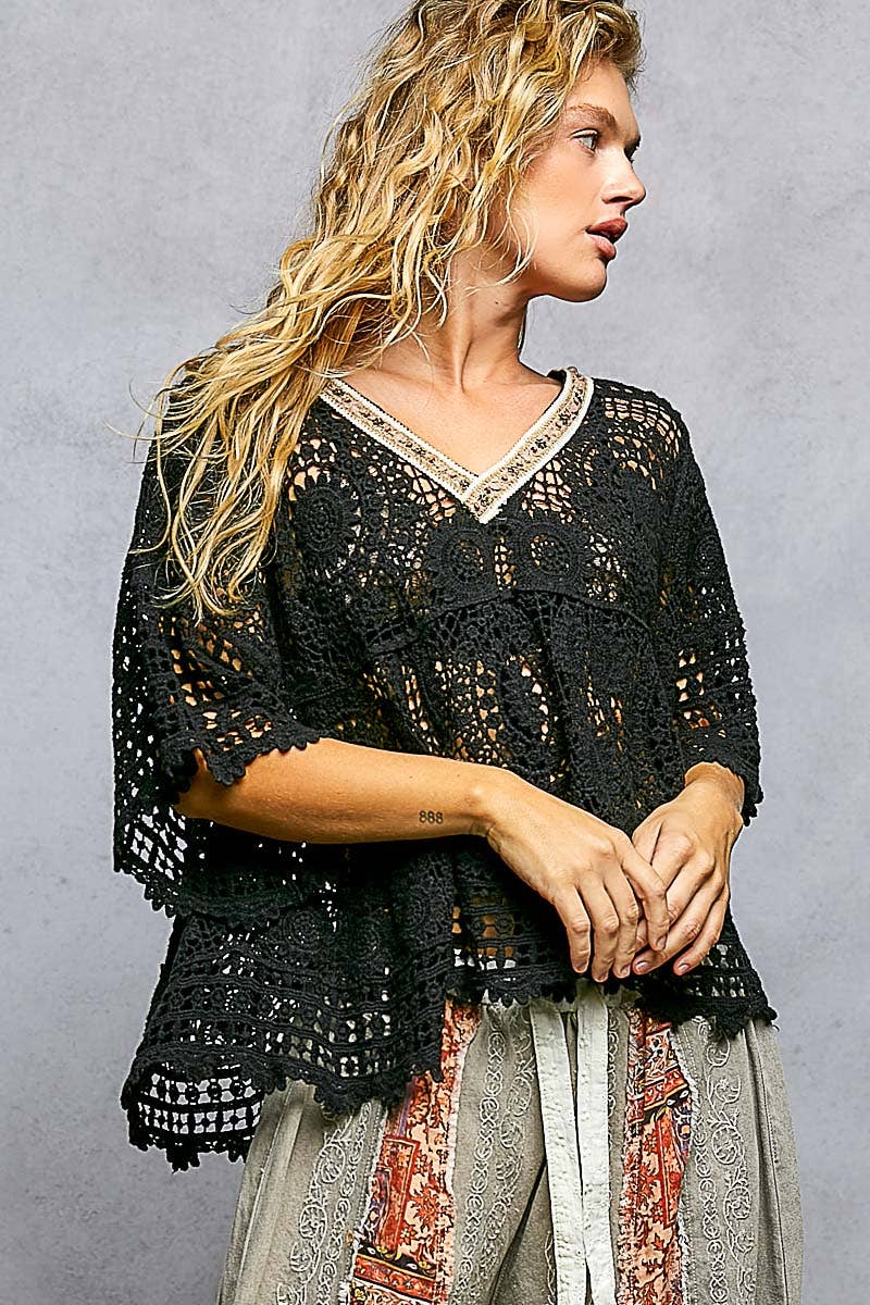 Pol Clothing - 3/4 Sleeve V-neck Crochet Varied Pattern Flared Top