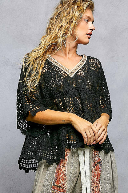 Pol Clothing - 3/4 Sleeve V-neck Crochet Varied Pattern Flared Top