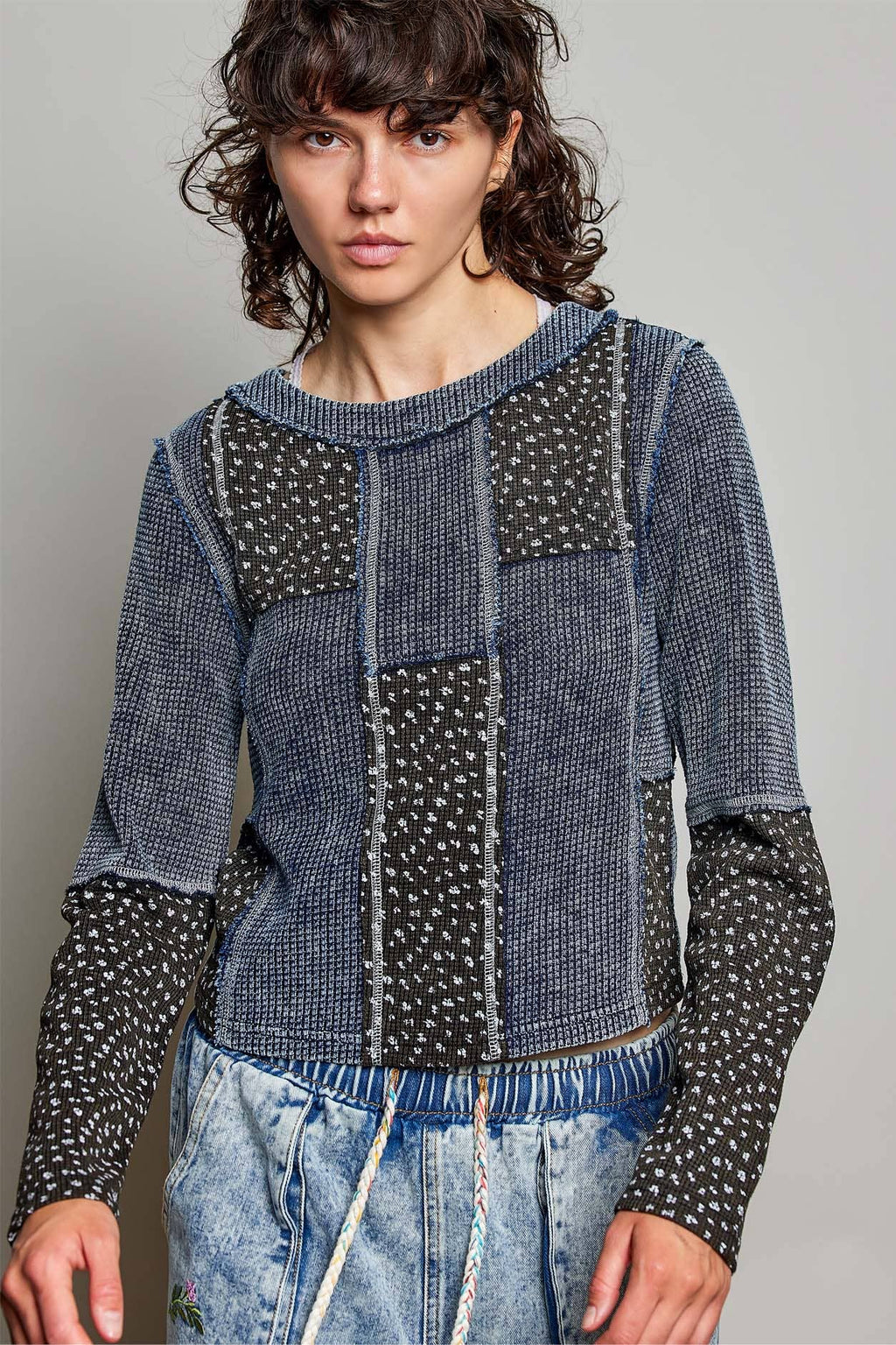 Pol Clothing - Waffle Knit Contrast Patchwork Top