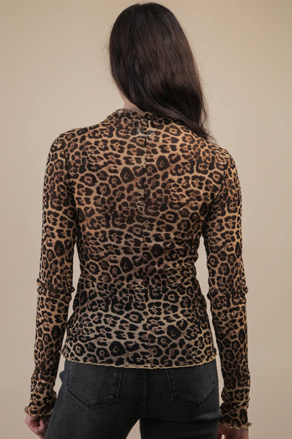 High Neck Fitted Sheer Mesh Lace Knit Top