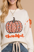Thankful Pumpkin Graphic Tie-Sleeve Sweater-Main Strip