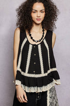 Pol Clothing - Metal Button Down Lace Trim Ruffle Round Neck Sleeveless