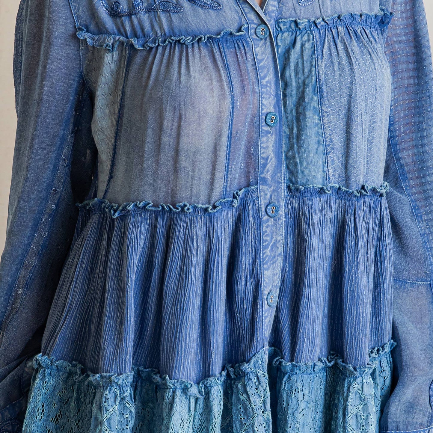 Young Threads - Mineral Wash Tiered Button-Down Blouse with Floral Details
