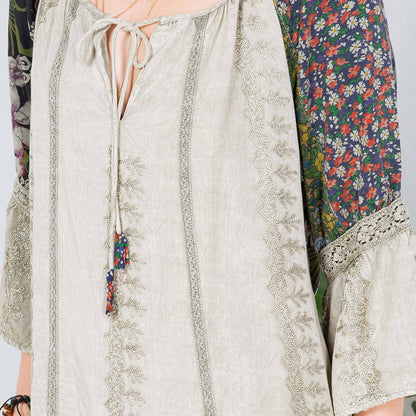 Young Threads - Enchanting Whimsy Overdyed Rayon Peasant Top With Embroidery