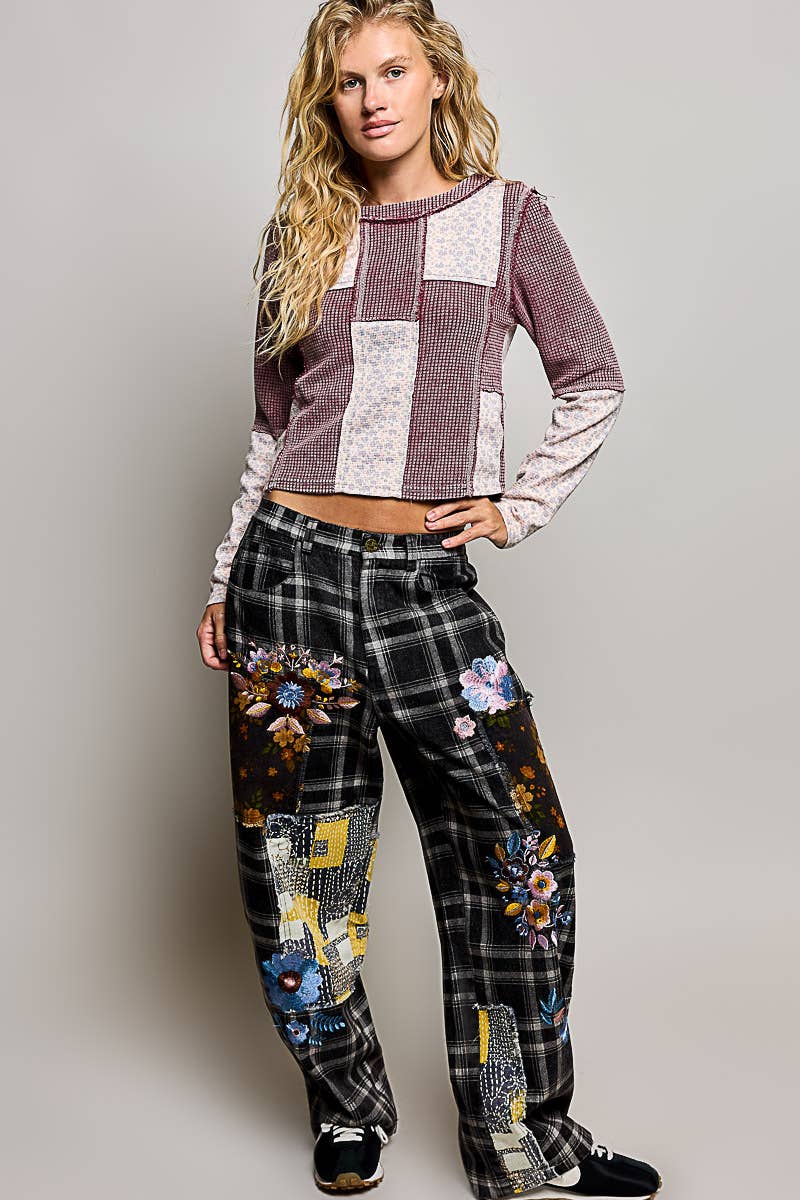 Pol Clothing - Waffle Knit Contrast Patchwork Top