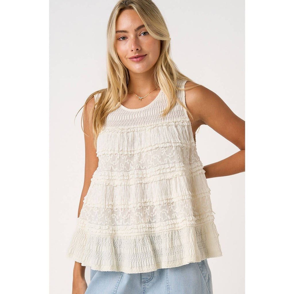 LACE TEXTURE RUFFLE TIER ROUND NECK TANK TOP