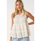 LACE TEXTURE RUFFLE TIER ROUND NECK TANK TOP