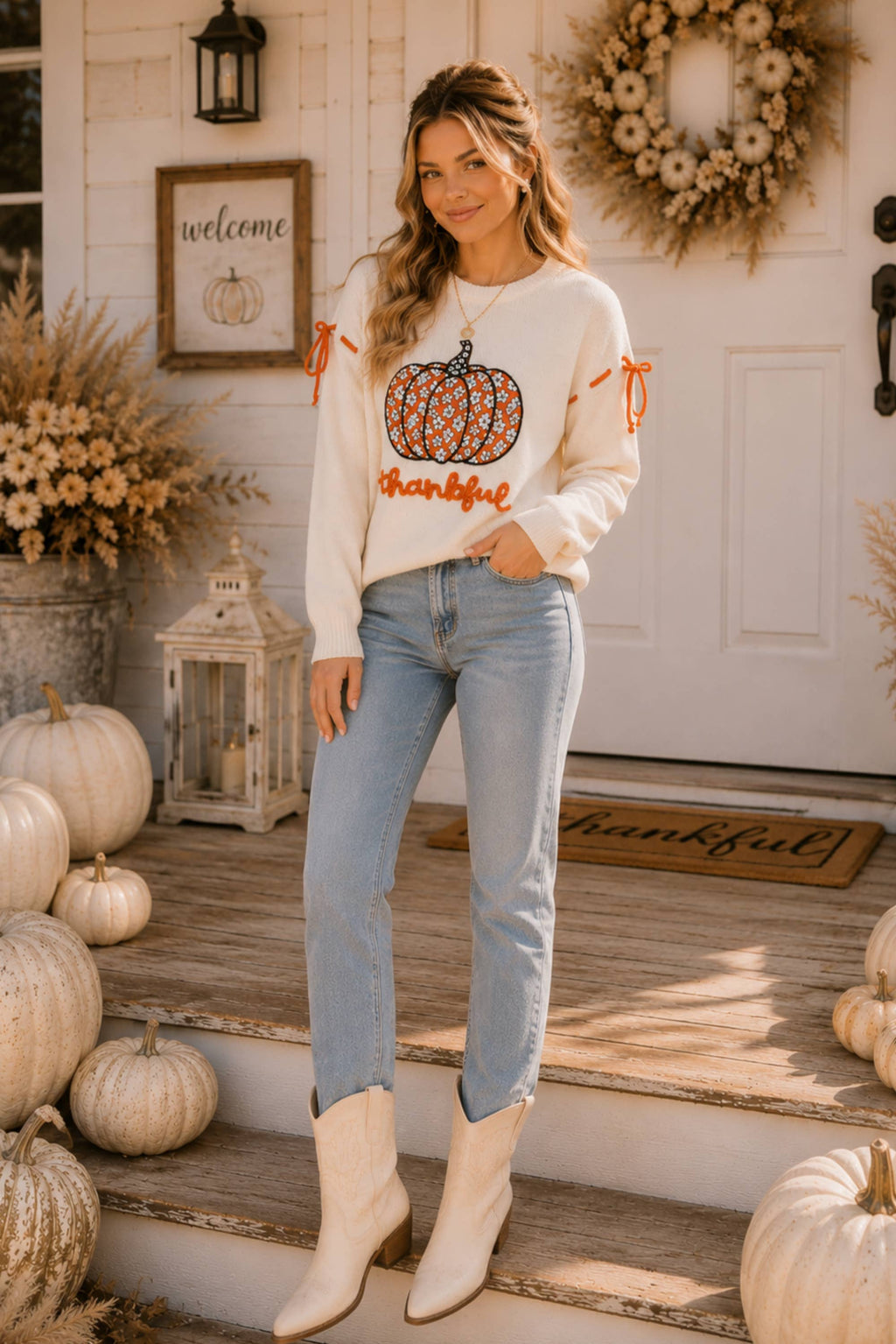 Thankful Pumpkin Graphic Tie-Sleeve Sweater-Main Strip