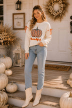 Thankful Pumpkin Graphic Tie-Sleeve Sweater-Main Strip