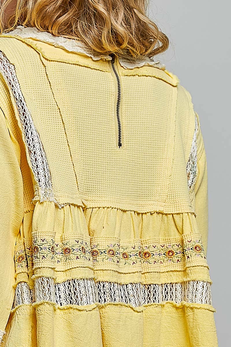 Pol Clothing - Embroidery Lace Contrast Square Neck Long Sleeve top
