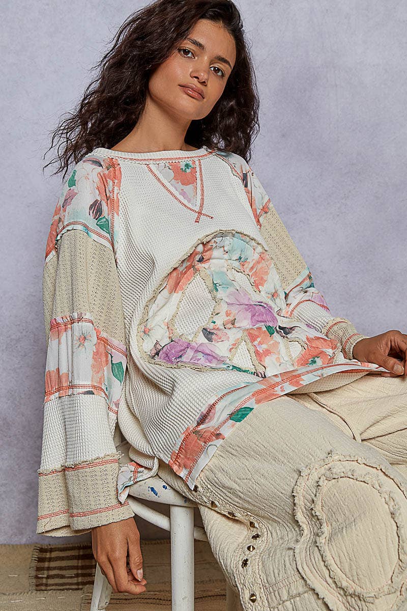 Pol Clothing - Round neck printed peace patch overlock stitch knit top