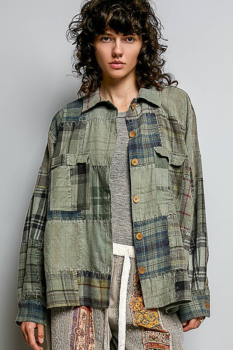 Pol Clothing - Vintage Oversized Plaid Patchwork Button-Up Shirt Top