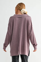 Cotton Blend Waffle Knit Oversized Collared Long Sleeve
