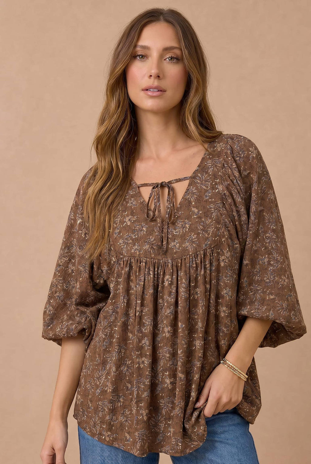Haptics - Floral Crinkle Woven Peasant Blouse