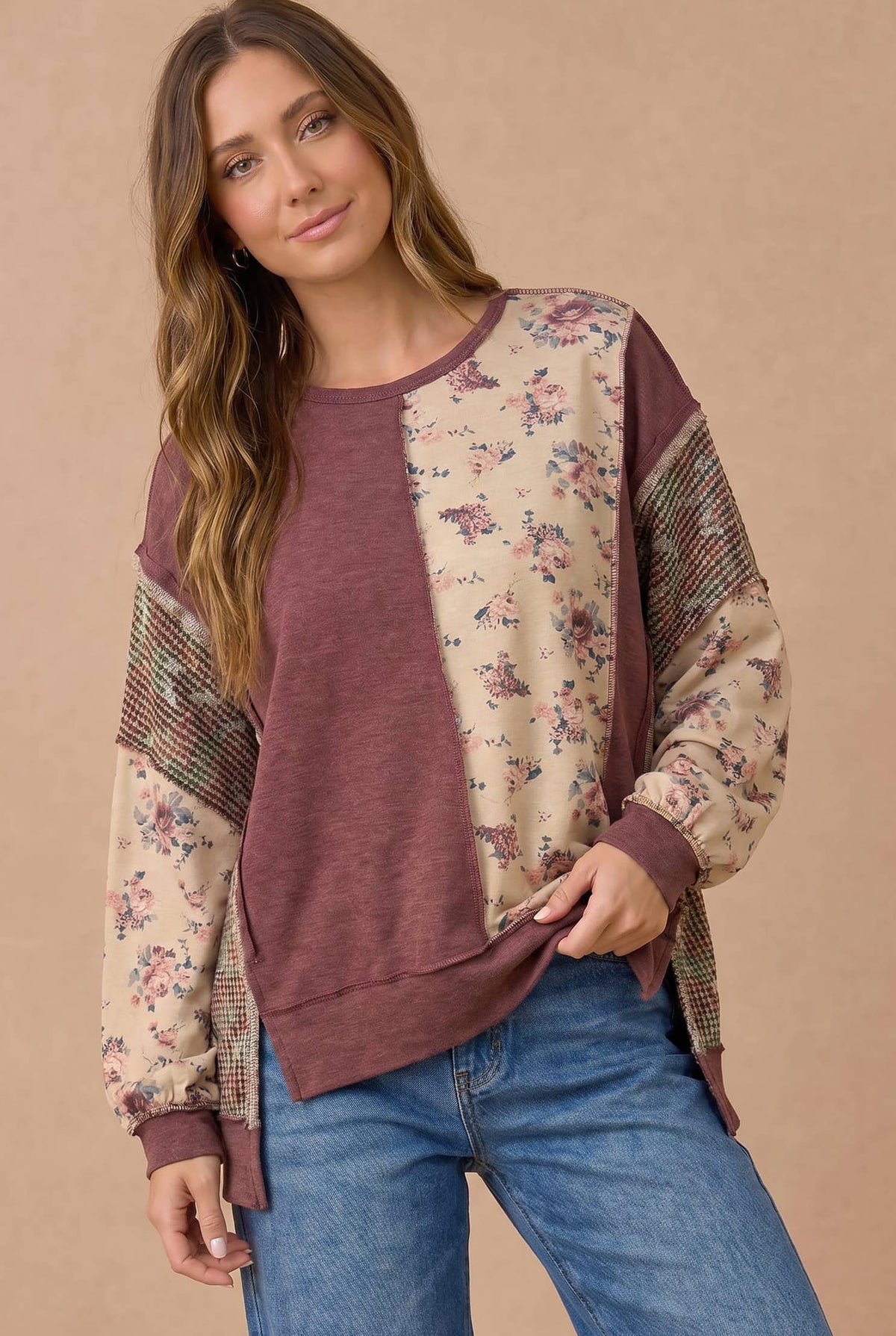 Haptics - Mixed Fabric Floral Waffle Knit Paneling Top