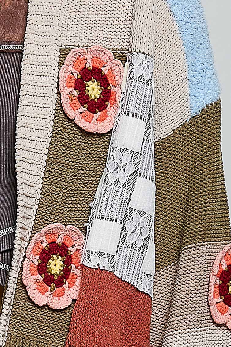 Pol Clothing - Mixed-Texture Patchwork Chenille Knit Crochet Cardigan