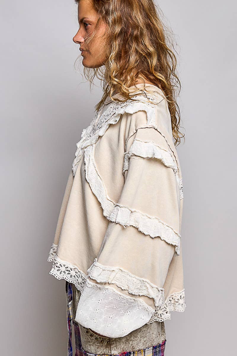 Pol Clothing - French Terry Eyelet Ruffle Vintage Washing Solid Knit Top