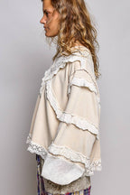 Pol Clothing - French Terry Eyelet Ruffle Vintage Washing Solid Knit Top