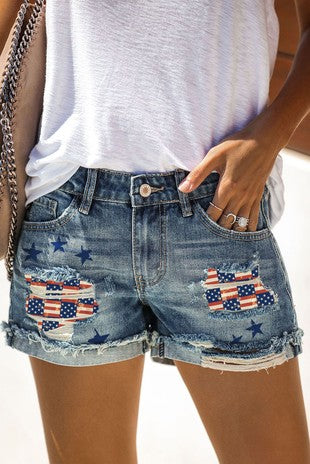 Star American Flag Patchwork Denim Shorts