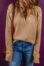 Flaxen Waffle Knit Patchwork Zipped Collared Top