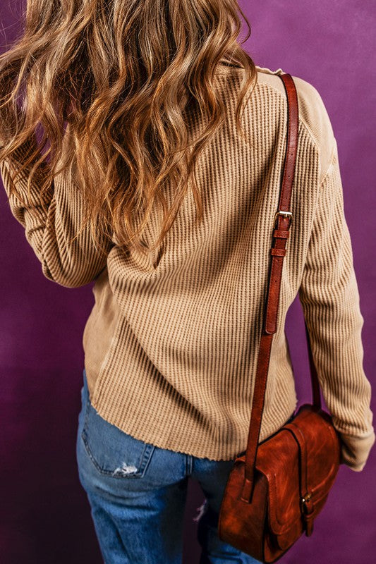Flaxen Waffle Knit Patchwork Zipped Collared Top