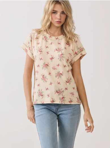 Floral Ribbed Short Sleeve Knit Top