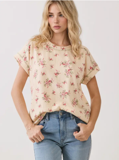 Floral Ribbed Short Sleeve Knit Top