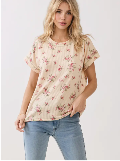 Floral Ribbed Short Sleeve Knit Top