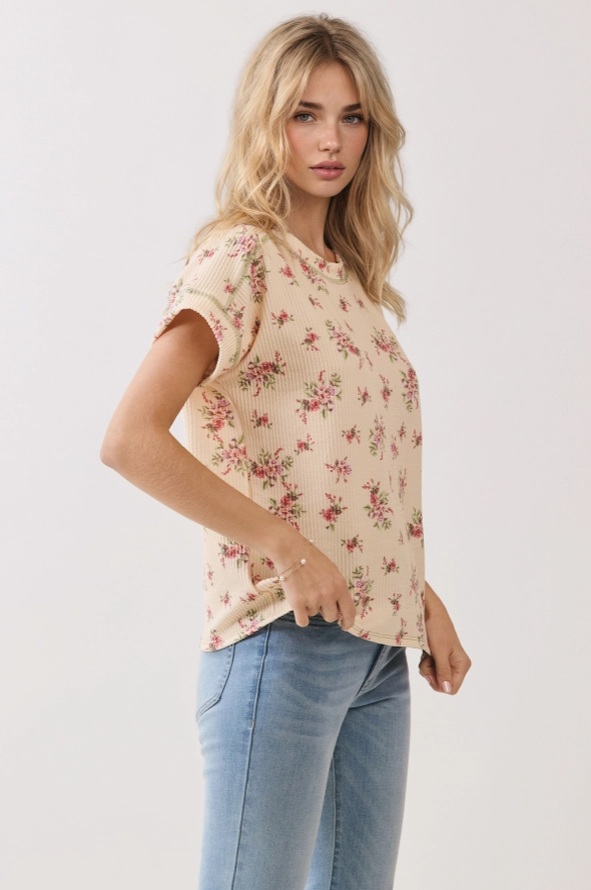Floral Ribbed Short Sleeve Knit Top