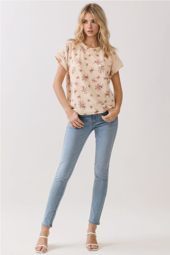 Floral Ribbed Short Sleeve Knit Top
