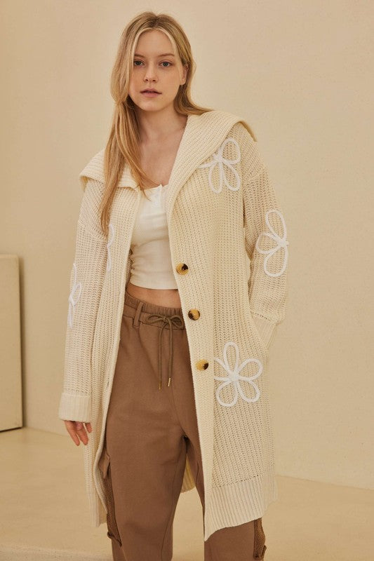 Hannah Wide Collared Cardigan With Floral Overstitch