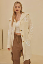 Hannah Wide Collared Cardigan With Floral Overstitch