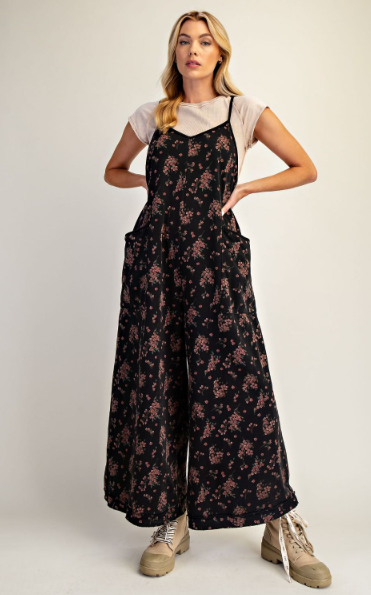 Floral Print Mineral Wash Jumpsuit